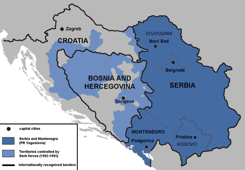 Serbs live in many places outside of what is today Serbia. The blue areas show Serb controlled areas during the Bosnian war 1992-1995.