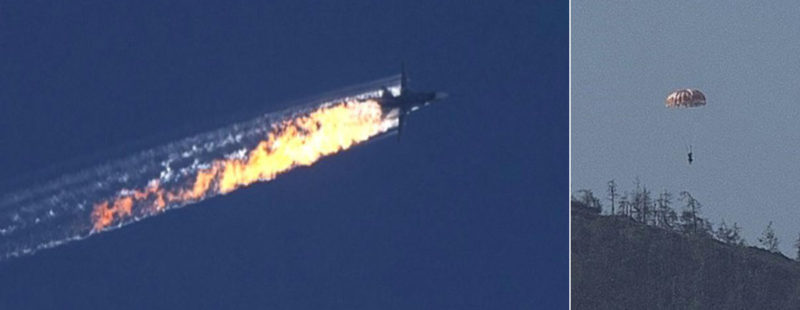 The Russian Sukhoi Su-24 bomber burst into flames when hit by a missile from the Turkish F-16 fighter jet on November 24, 2015. Both crew ejected, but while the weapons officer was rescued by Russian troops, the pilot was killed by Turkish-backed militants. Photo: Unknown