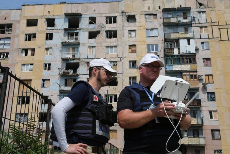 Monitors operating an UAV in Avdeyevka, July 23, 2017. Photo: OSCE / Mariia Aleksevych